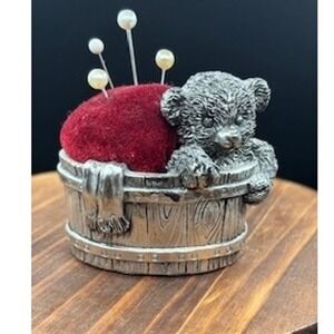 Rare Teddy Bear Pincushion Pewter With Red Velvet Pillow in Barrel OOAK